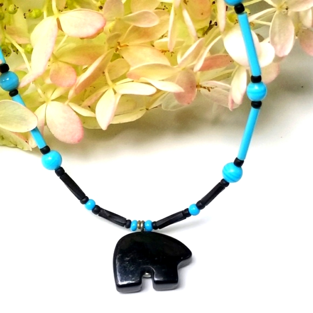 Vintage bear necklace blue glass beads southwestern boho black